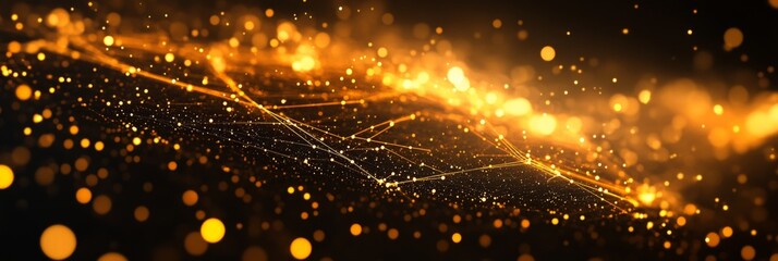 Fototapeta premium Sparkling golden background with network connection and data transfer concept.