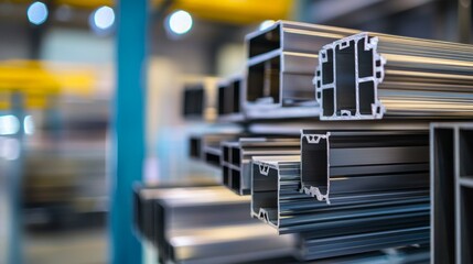 Various samples of aluminum profile on the stand. Industry. aluminium protruded profile for windows and doors