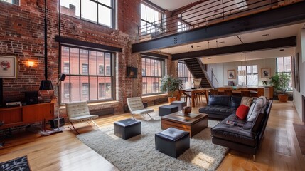A stylish loft apartment with industrial design elements. The scene features exposed brick walls, large windows