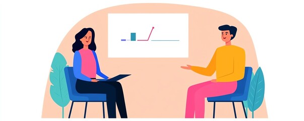 Illustration of business meeting with two people discussing financial chart, concept of data analysis, presentation, teamwork, and strategy planning.