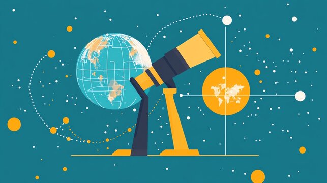 Illustration of a telescope with Earth and space background, symbolizing global exploration, astronomy, and scientific discovery.