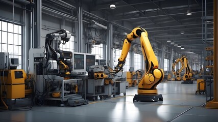 Industrial robot works automatically in smart autonomous factory. Postproducted generative AI illustration.