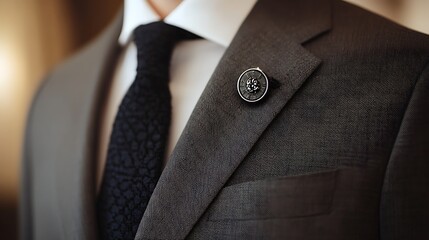 A close-up of a man's suit jacket with a decorative pin. The pin is circular and silver, and it is attached to the lapel of the jacket. The jacket is a dark gray color and has a fine weave.