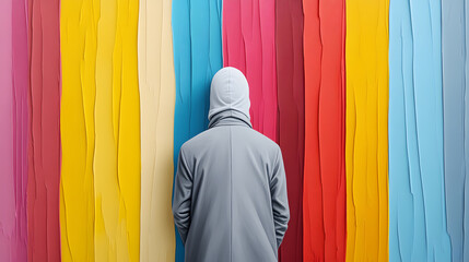 An outcast figure painted in grayscale standing out in a vibrant, colorful group