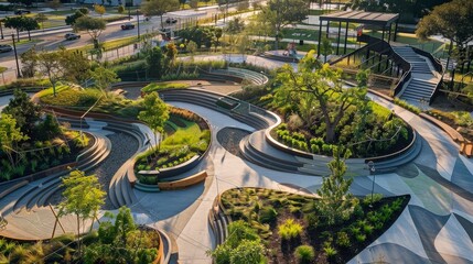 A sustainable urban park with innovative landscape architecture. The park features green spaces, water-saving designs