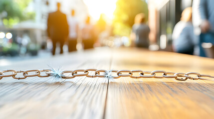 Broken chain of people with one link visibly shattered