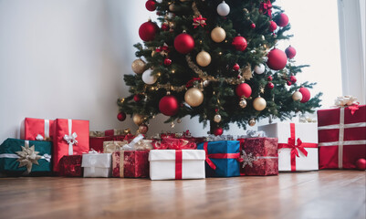 A decorated Christmas tree stands in front of a window, with presents piled underneath