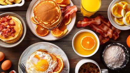 A traditional breakfast spread with pancakes, scrambled eggs, bacon, and fresh orange juice
