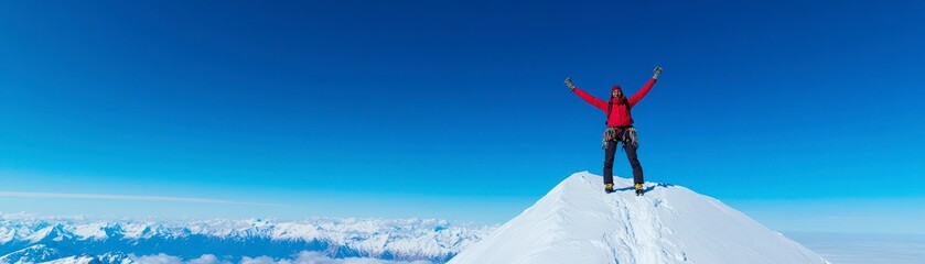 A climber celebrates reaching the summit of a snowy mountain under a clear blue sky.
