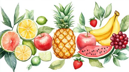 Watercolor frame fruits with Various type of fruits,Pineapple, watermelon,banana,orange, lime on white background. Hand painting on paper,set of fruit in watercolor style vector illustration.