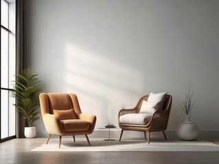 Two Armchairs, One With Wicker, One With Velvet, In A Minimalist Living Room