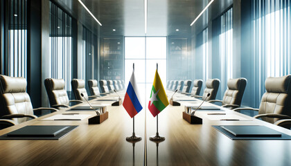 A modern conference room with Russia and Myanmar flags on a long table, symbolizing a bilateral meeting or diplomatic discussions between the two nations.