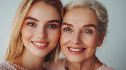 Young woman and her elderly mother take care of their skin and look great,Two generations,Beautiful middle aged mother and her adult daughter,skincare and Aging concept,Comparison of young and old.