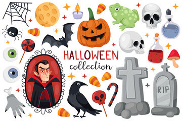 Collection of magical Halloween illustrations. Elements for Halloween design. Pumpkin, vampire, skulls, moon, crow, frog, bat, candle, candies, potion, spider, gravestones, eyes, zombie hand.