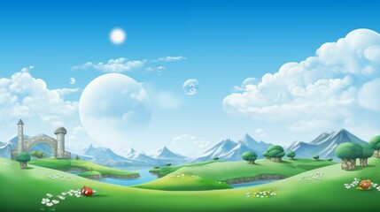 Fototapeta premium games world map with multiple islands, waterfalls, and rivers, a bright blue sky, green grassy fields background. Generative ai