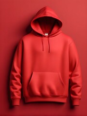 A red hoodie mockup is presented on a red background