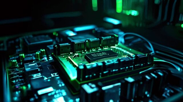 Close up of a green circuit board with a processor chip in the center.