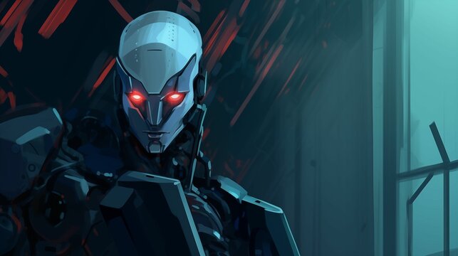 An anime-style illustration of an advanced robot with glowing red eyes, wearing dark gray and white armor in the shadows, a sci-fi background. Generative ai