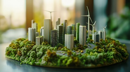 A miniature model of a sustainable city with greenery and wind turbines.