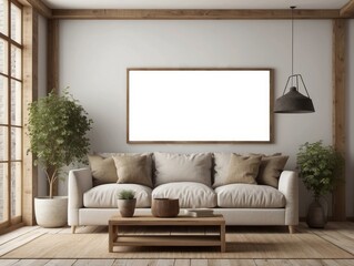 Minimalist Living Room with White Sofa, Wooden Coffee Table, and Blank Canvas