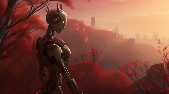 A sleek and stylish robot woman with red eyes stands on the edge of an ancient forest, overlooking the city background. Generative ai