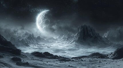 Fototapeta premium Lunar landscape under a mystical light, surreal and otherworldly atmosphere