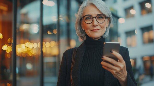 Happy mature business woman executive holding mobile cell phone looking away in office. Smiling middle aged professional businesswoman manager wearing glasses using cellphone working on smartphone.