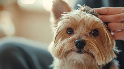 A person brushing their dog&acirc;&euro;&trade;s fur, with a look of love and attention, and the pet visibly enjoying the grooming