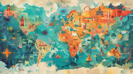 Naklejka premium A world map with a focus on cultural diversity. The map displays various cultural regions, languages