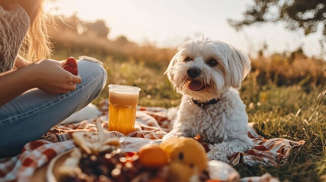 A person and their pet dog enjoying a picnic together, with the dog sitting happily beside them and a shared sense of enjoyment