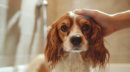 A person grooming their dog in a well-lit room, with a look of focus and the dog appearing relaxed and pampered