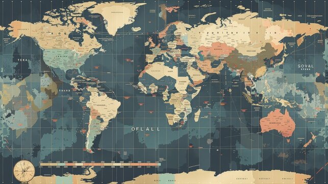 A world map with a focus on time zones. The map includes demarcations of different time zones across the globe