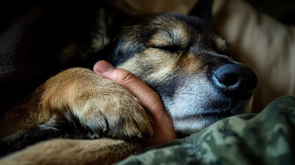 A person holding their pet dogâ€™s paw gently, with a look of love and commitment as the dog...