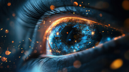 A close-up of a human eye with glowing digital elements and lights on a dark background. Concept of technology and innovation