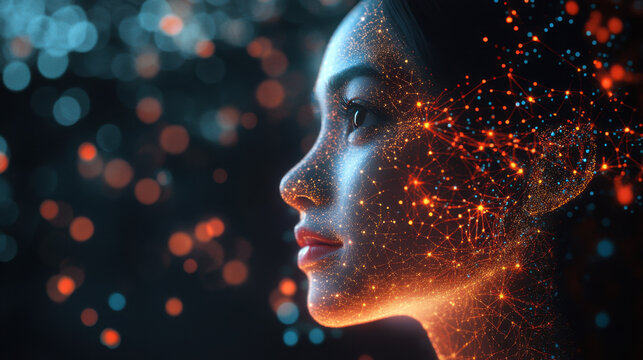 Futuristic woman face composed of orange glowing data points and lines on a dark background with bokeh lights. Concept of science, technology and nature