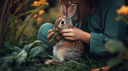 A person and their pet rabbit sitting together in a garden, with the rabbit munching on greens and the person showing a loving gaze