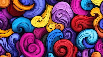Colorful abstract pattern showcasing tangled wavy hair in a modern flat illustration style with playful textures. Perfect for design