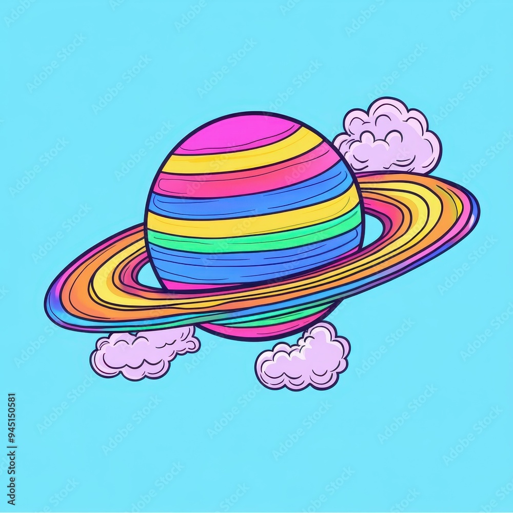 Canvas Prints An adorable rainbow Saturn planet drifts in a sky full of fluffy clouds, radiating joy and whimsy.