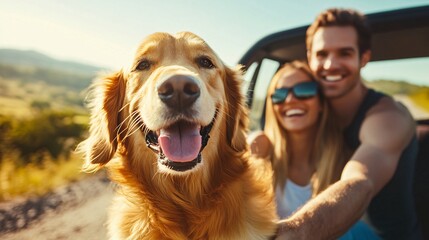 A couple taking their pet dog on a scenic drive, with the dog enjoying the ride and both people showing affection