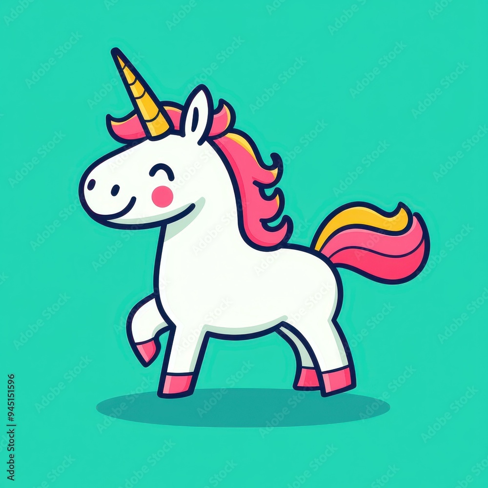 Sticker A cute and happy chibi unicorn icon, featuring a playful doodle design in vibrant pink, perfect for a whimsical touch.