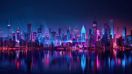 Fototapeta premium City Skyline at Night with Reflection in Water - Urban Nightscape