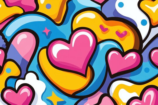 Discover a whimsical illustration that blends postpunk vibes with bold graffiti and heart motifs in vibrant vector art.