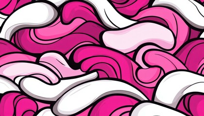 Discover a vibrant seamless pattern filled with playful abstract art, featuring squiggly lines in dark, white, and pink hues.