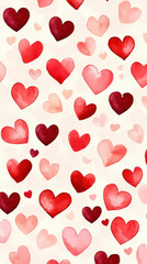 Cute watercolor hearts in red and pink create a soft blush backdrop, perfect for a cheerful Valentines Day vibe.
