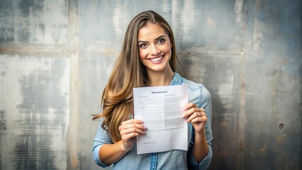 A young woman with a warm smile grasps a document featuring a tactile background, bringing a sense of depth and visual interest.