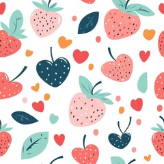 Delight in this cute pastel pattern featuring strawberries and cherries, perfect for your Valentines Day decor.