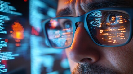 A close-up of a developer's face, intensely focused on solving coding issues, with multiple screens displaying lines of code and system metrics