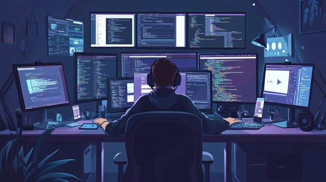 A programmer working on a cross-platform application, with simulators for different devices and code editor open on multiple screens