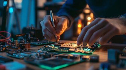 A software engineer developing software for embedded systems, with hardware components and code visible on the desk