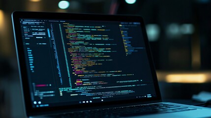 A close-up of a laptop screen showing a code editor with real-time syntax highlighting, error messages, and debugging information